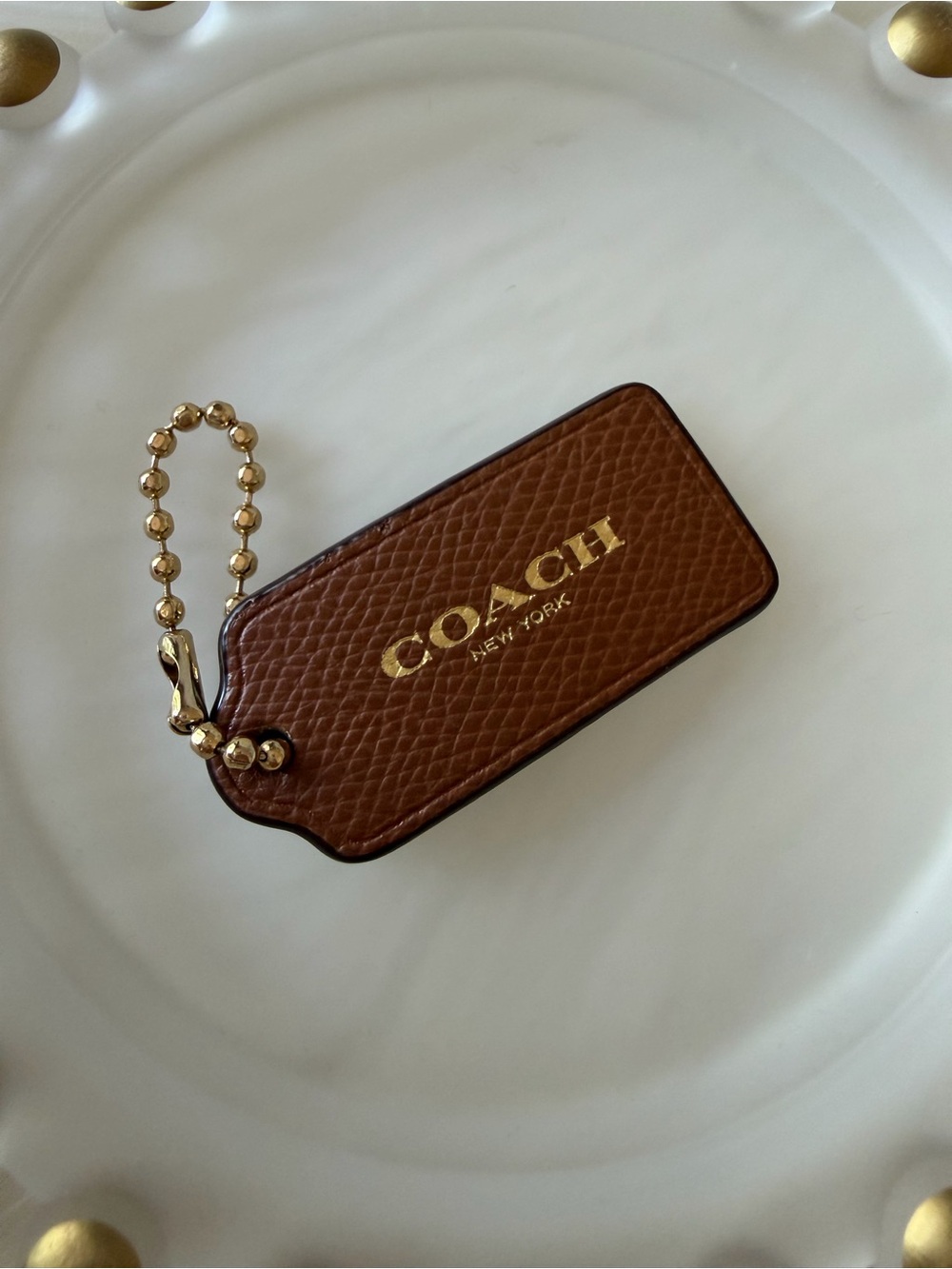 Coach New York Brown Hang Tag Pebbled Leather with Gold Chain